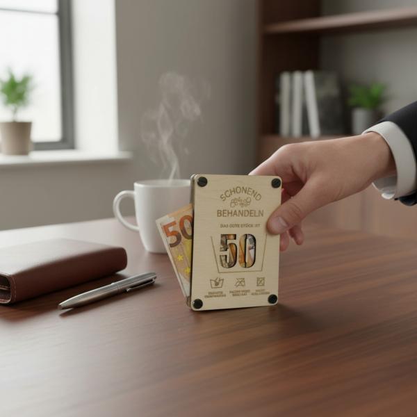 Geldgeschenk aus Holz - Geburtstagskarte 40 50 60 70 - Geldkarte aus Holz - Schonend Behandeln - Runder Geburtstag